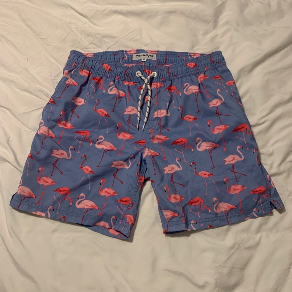 Men’s Blue and Pink Flamingo Print Swim Trunks